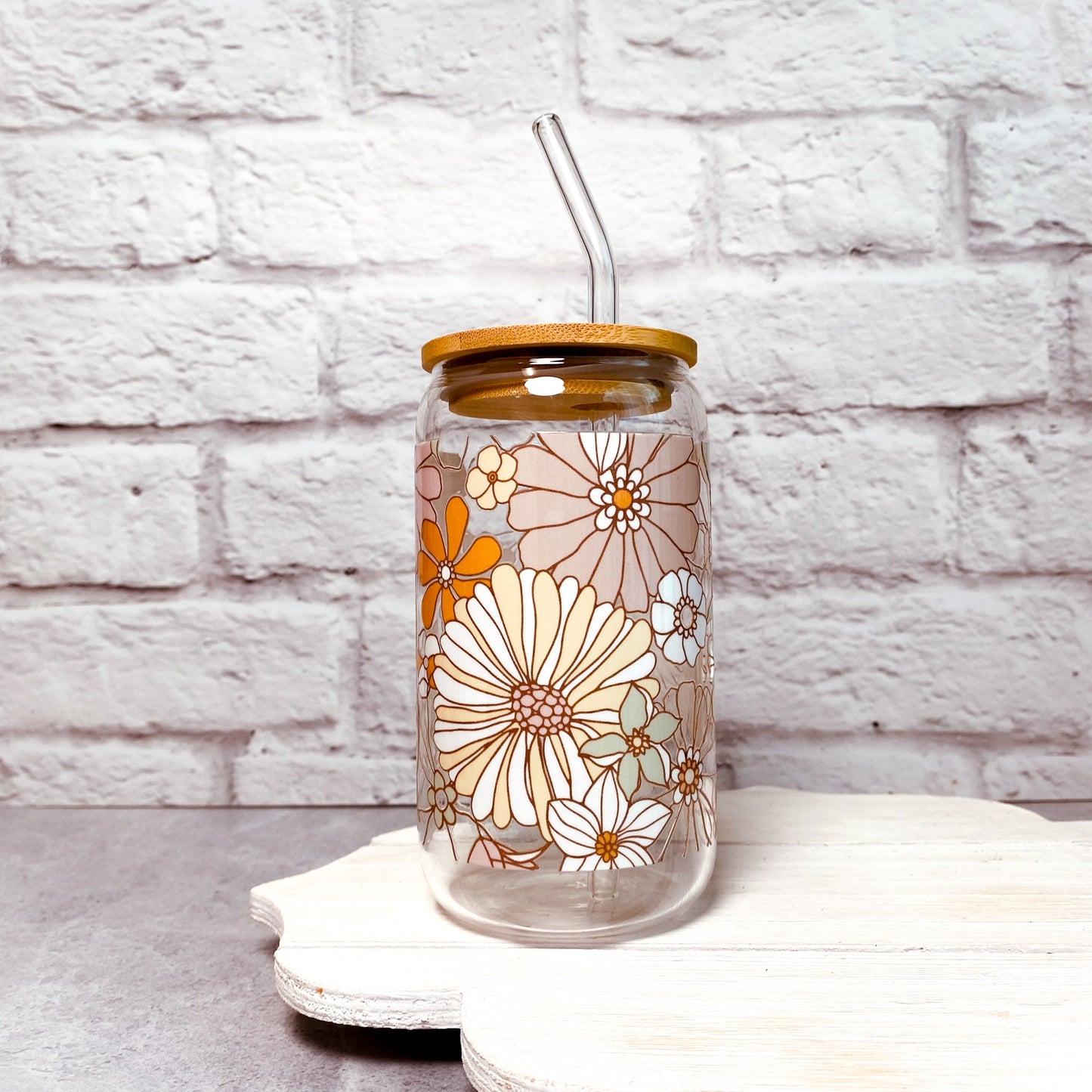 Verre en vitre et paille - Grosses fleurs